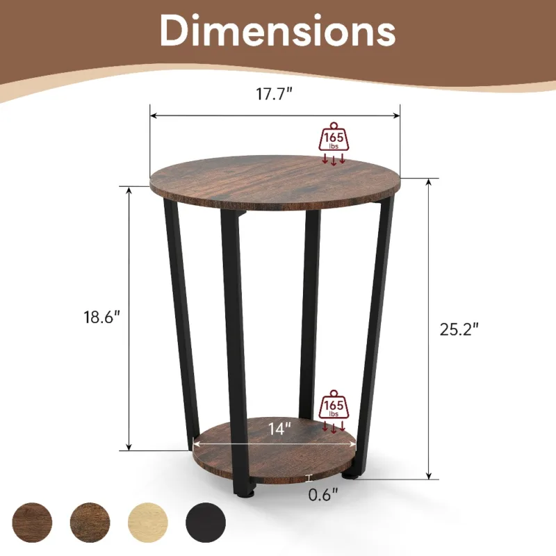 火烧木尺寸 (1) Skandiquip 17.7 Inch Diameter Round 2-Tier Accent Side Table Industrial End Table with Storage Shelf Wooden Top for Living Room Bedroom