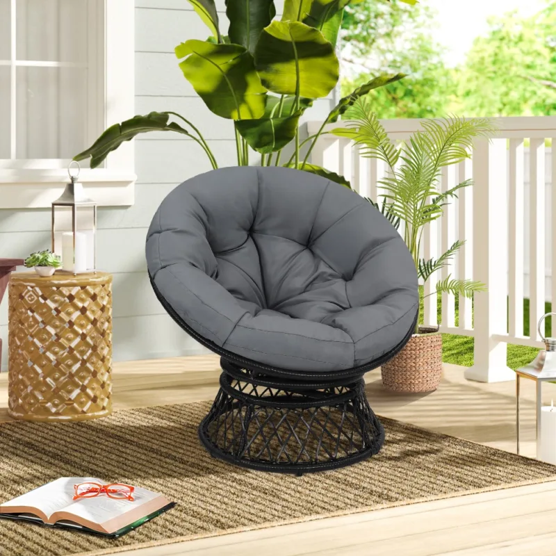 灰 (1) Skandiquip 36" Oversized Papasan Chair with 360° Swivel with Cushion, Sturdy Frame for Indoor & Outdoor