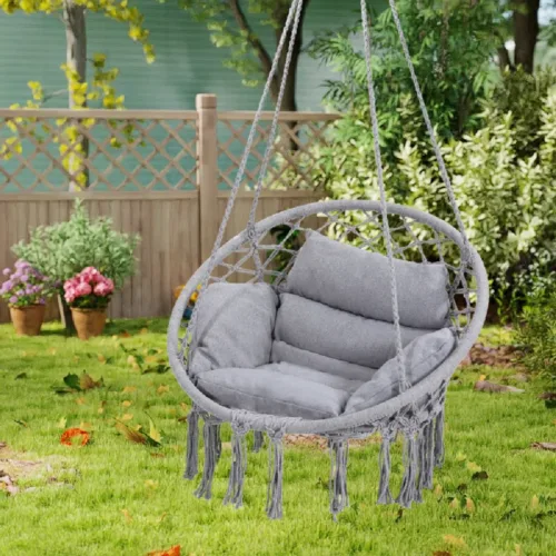 灰色 (1) Skandiquip 53" Macrame Hanging Swinging Hammock Chair, Premium Handwoven Macrame with Oversized Cushion, for Porch, Balcony & Bedroom