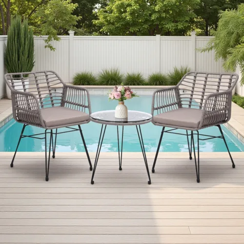 灰色1 Skandiquip 3-Piece All Weather Wicker Bistro Set, Rattan Chairs with Table, 2 Waterproof Removable Cushions for Garden Poolside