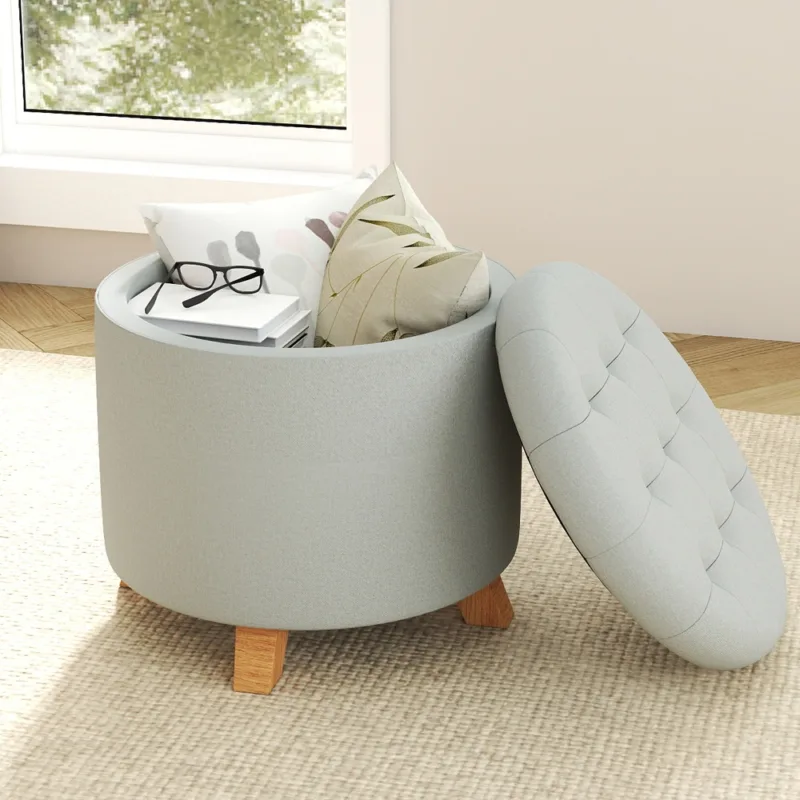 灰色场景 (1) Skandiquip Extra Wide Round Storage Ottoman 26.3" Velvet Upholstered Foot Stool with Removable Lid for Living Room Makeup Room Bedroom