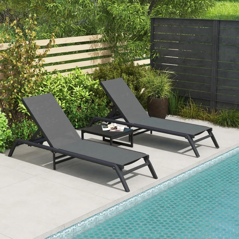 灰色场景1 (1) Skandiquip Set of 2 Portable Aluminum Chaise Lounge Chairs, 5 Adjustable Reclining Positions, No Assembly Outdoor Recliner for Pool Patio Beach