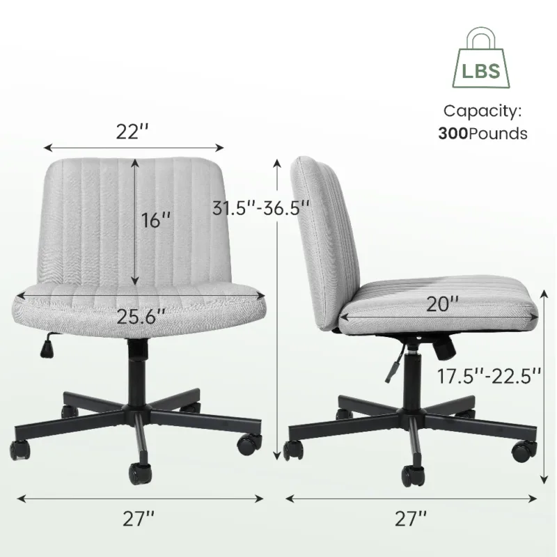 灰色尺寸 (1) Skandiquip 360° Swivel Modern Criss Cross Armless Office Chair, Extra Wide Rolling Swivel Desk Chair with Wheels, Padded Adjustable Fabric Chair for Home Office