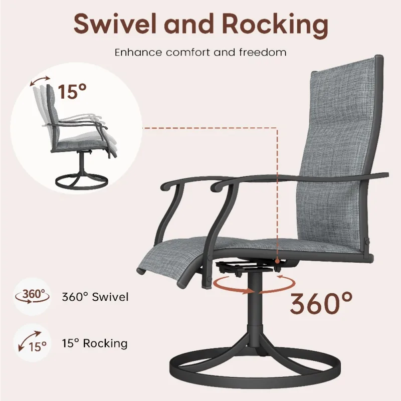 灰色细节1 (1) Skandiquip 4 Pieces Patio Swivel Rocking Chairs, Padded Textilene Mesh Rustproof Steel Frame, All Weather Outdoor Dining Chairs for Lawn Garden Backyard Deck