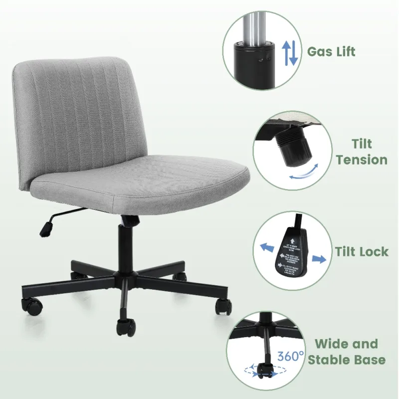 灰色细节1 (1) Skandiquip 360° Swivel Modern Criss Cross Armless Office Chair, Extra Wide Rolling Swivel Desk Chair with Wheels, Padded Adjustable Fabric Chair for Home Office