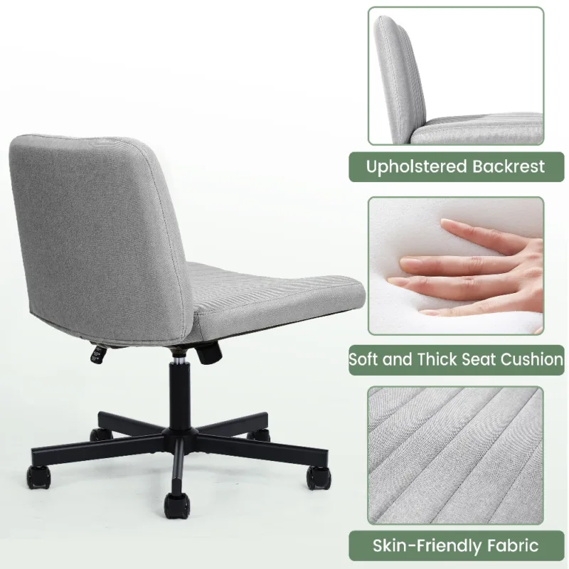 灰色细节2 (1) Skandiquip 360° Swivel Modern Criss Cross Armless Office Chair, Extra Wide Rolling Swivel Desk Chair with Wheels, Padded Adjustable Fabric Chair for Home Office