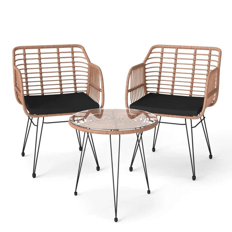 Skandiquip 3 Pieces Bistro Set, All-Weather Wicker Furniture With 400 Lbs Load Capacity, Easy To Clean Glass Top Table