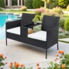 白色坐垫1 (1) Skandiquip 2 Seat Patio Conversation Set, Outdoor Rattan Wicker Loveseat with Built-in Coffee Table, Removable Cushions, All Weather Patio Furniture for Backyard Garden Lawn Balcony Porch