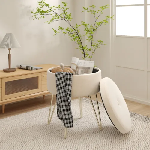 米白场景 (1) Skandiquip Extra Wide Round Storage Ottoman 26.3" Velvet Upholstered Foot Stool with Removable Lid for Living Room Makeup Room Bedroom