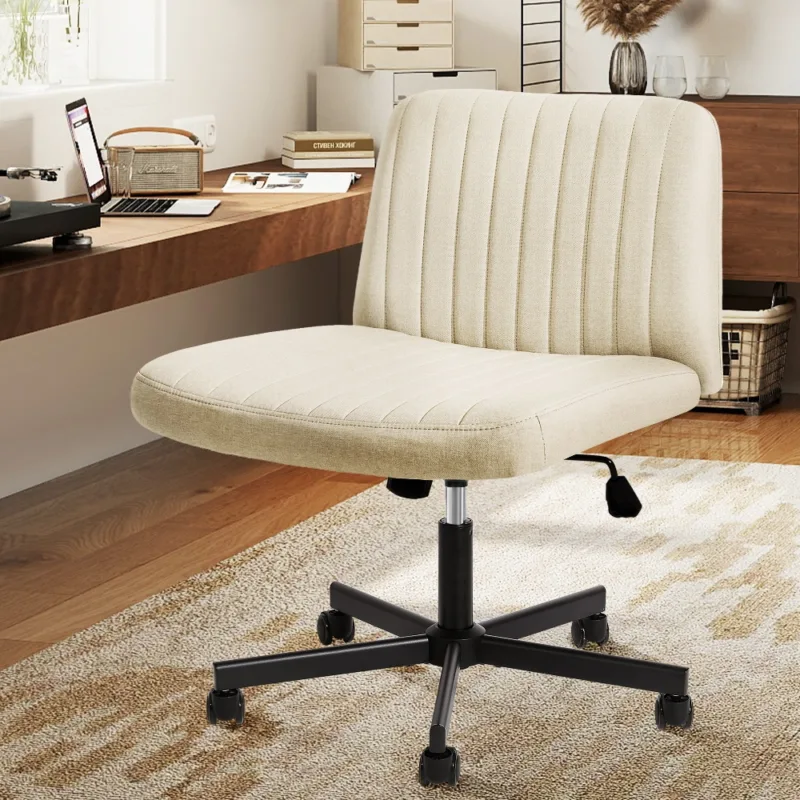 米色 (1) Skandiquip 360° Swivel Modern Criss Cross Armless Office Chair, Extra Wide Rolling Swivel Desk Chair with Wheels, Padded Adjustable Fabric Chair for Home Office