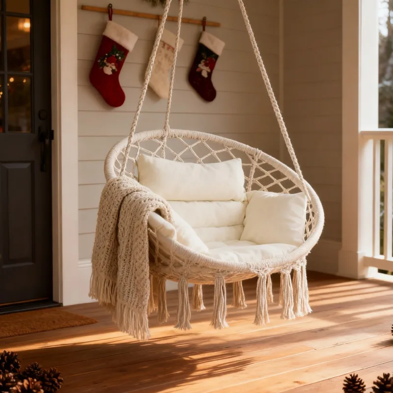 米色 (1) Skandiquip 53" Macrame Hanging Swinging Hammock Chair, Premium Handwoven Macrame with Oversized Cushion, for Porch, Balcony & Bedroom