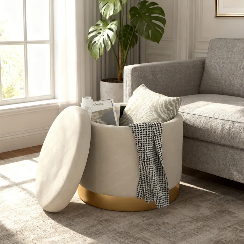 米色 (1) Skandiquip Extra Wide Round Storage Ottoman 26.3" Velvet Upholstered Foot Stool with Removable Lid for Living Room Makeup Room Bedroom