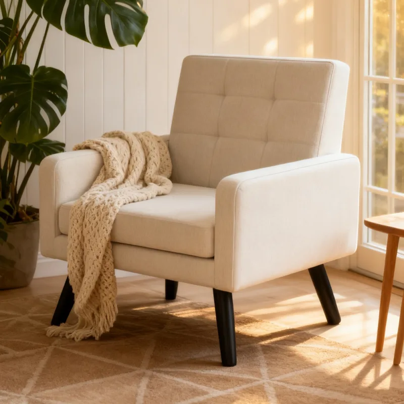 米色 (1) Skandiquip 31" Mid Century Modern Accent Chair, Upholstered Cozy Single Sofa Chair with Solid Legs, Extra Large Seat, 496 Lbs Capacity for Living Room Bedroom