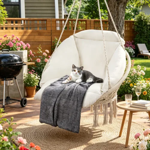 Skandiquip 55" Macrame Hanging Swinging Hammock Chair, Premium Handwoven Macrame with Oversized Cushion, for Porch, Balcony & Bedroom