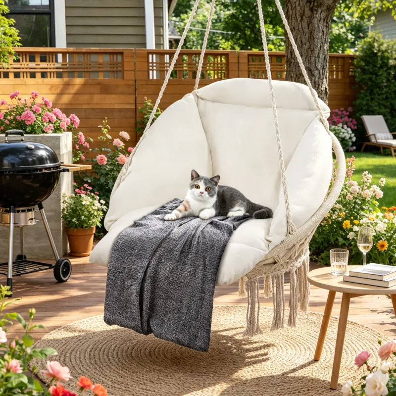 Skandiquip 55" Macrame Hanging Swinging Hammock Chair, Premium Handwoven Macrame with Oversized Cushion, for Porch, Balcony & Bedroom