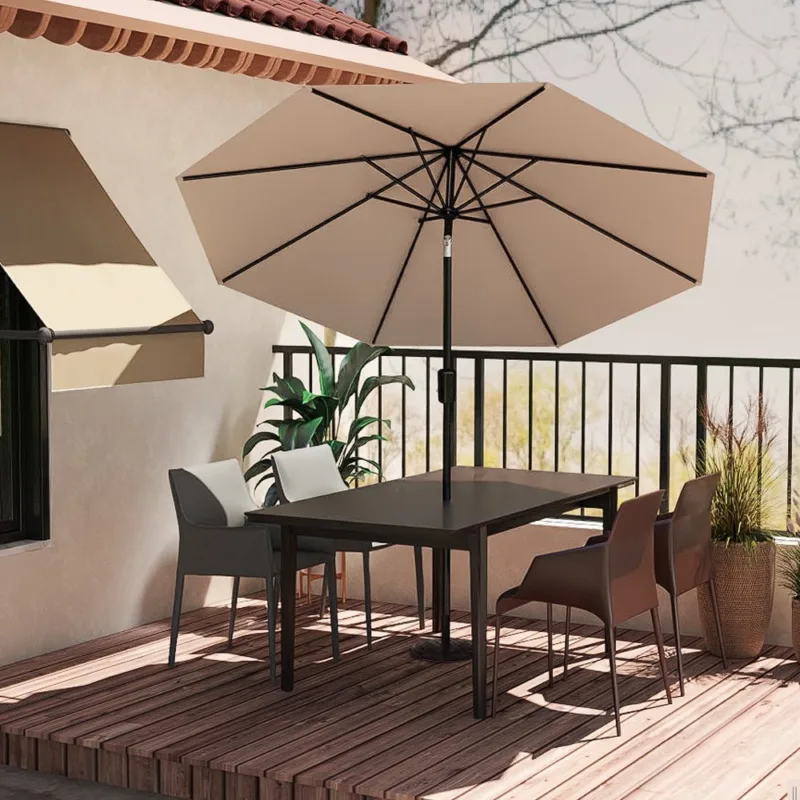 米色场景 (1) Skandiquip 10FT Outdoor Patio Market Umbrella, Push Button Tilt & Crank Lift, 8 Sturdy Ribs, UV Protected, Waterproof, Garden Yard Pool Use, Beige