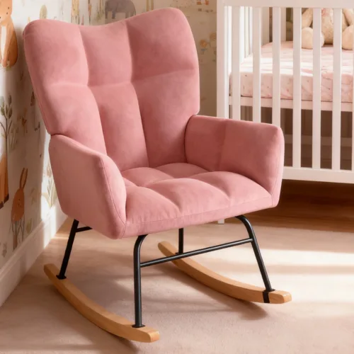 粉色 (1) Skandiquip Nursery Rocking Chair, 440 Lbs Weight Capacity, Deep Padded Cotton Seat, Upholstered Glider Rocker with High Backrest, Anti-Tip Safety Design, Ideal for Bedroom Living Room