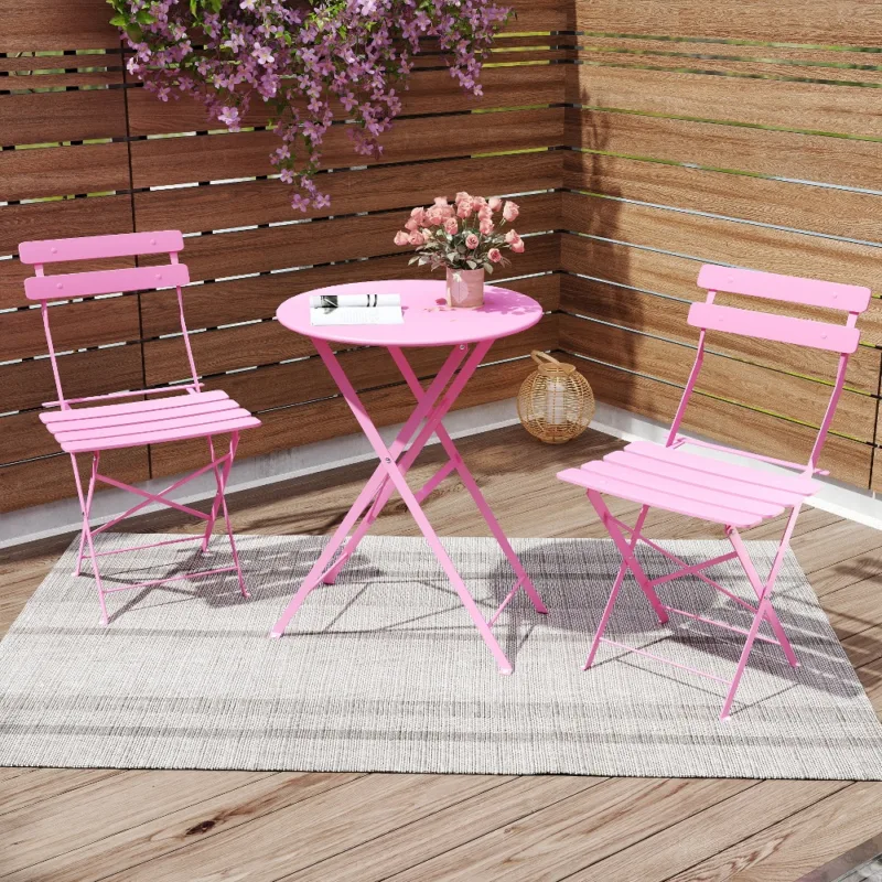 粉色1 (1) Skandiquip 3-Piece Metal Outdoor Folding Bistro Set, Foldable Table & 2 Chairs, Space-Saving Patio Dining Furniture for Balcony, Garden & Yard