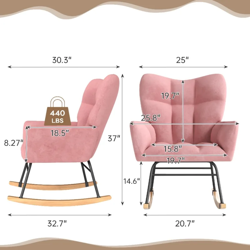 Skandiquip Nursery Rocking Chair, 440 Lbs Weight Capacity, Deep Padded Cotton Seat, Upholstered Glider Rocker with High Backrest, Anti-Tip Safety Design, Ideal for Bedroom Living Room