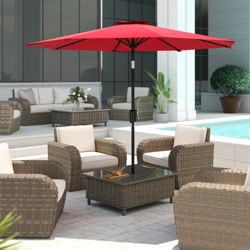 红色场景 (1) Skandiquip 10FT Outdoor Patio Market Umbrella, Push Button Tilt & Crank Lift, 8 Sturdy Ribs, UV Protected, Waterproof, Garden Yard Pool Use, Beige