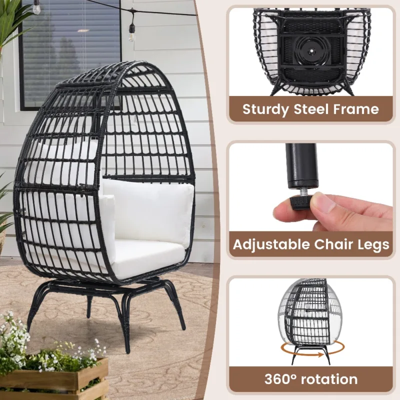 细节1 (1) Skandiquip 360-Degree Swivel Oversized Egg Chair, Rattan Wicker Patio Chair with Soft Washable Black Plush Cushion, Multipurpose Indoor Outdoor Relaxation Chair