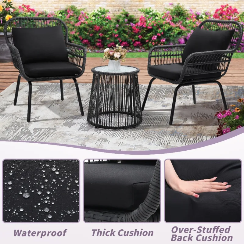 Skandiquip 3 Piece Rattan Bistro Set, All Weather Small Space Outdoor Patio Furniture with Tempered Glass Top Table & 2 Wicker Chairs for Balcony, Garden, Backyard