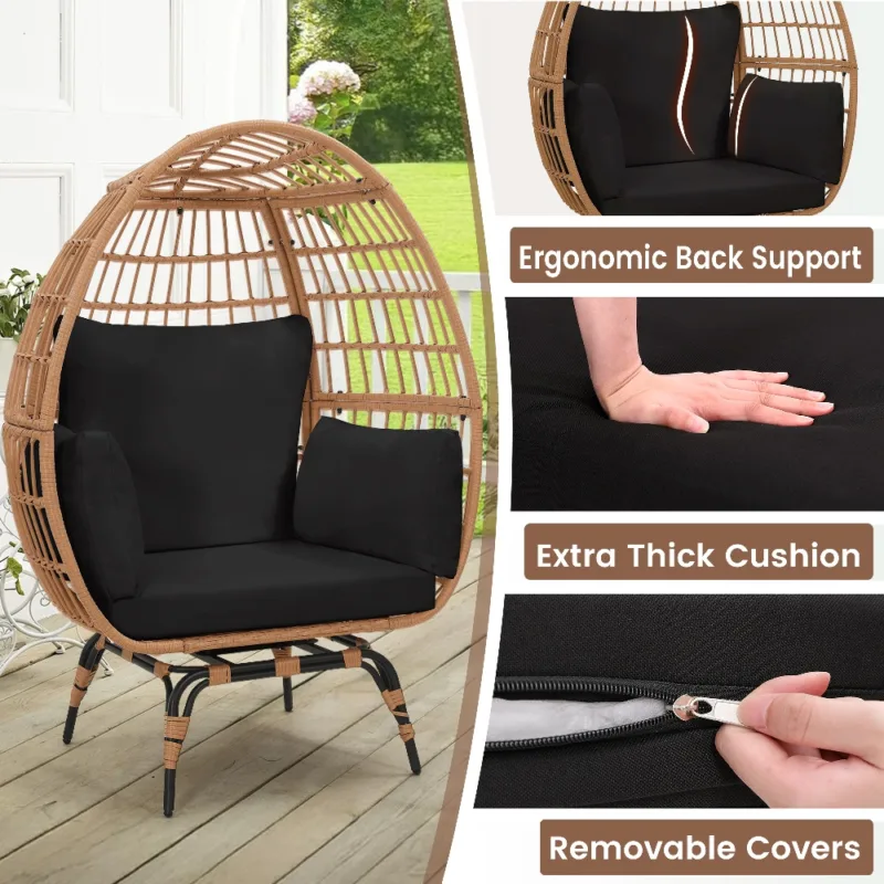 细节2 (1) Skandiquip 360-Degree Swivel Oversized Egg Chair, Rattan Wicker Patio Chair with Soft Washable Black Plush Cushion, Multipurpose Indoor Outdoor Relaxation Chair