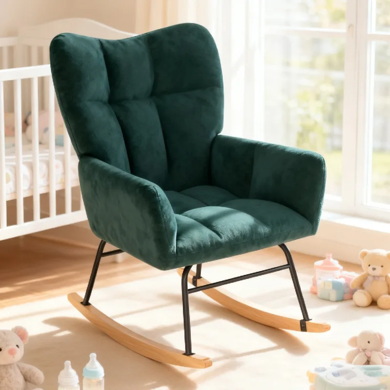 Skandiquip Nursery Rocking Chair, 440 Lbs Weight Capacity, Deep Padded Cotton Seat, Upholstered Glider Rocker with High Backrest, Anti-Tip Safety Design, Ideal for Bedroom Living Room