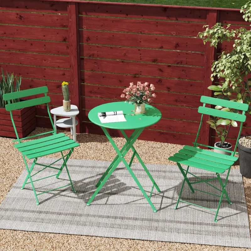 绿色 (1) Skandiquip 3-Piece Metal Outdoor Folding Bistro Set, Foldable Table & 2 Chairs, Space-Saving Patio Dining Furniture for Balcony, Garden & Yard