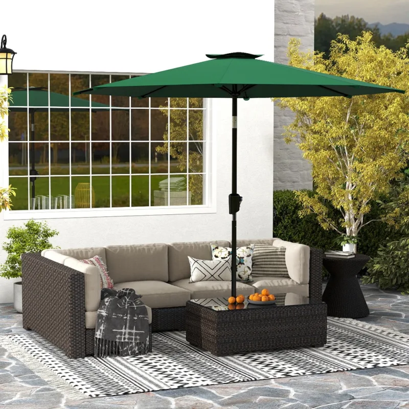 绿色场景 (1) Skandiquip 10FT Outdoor Patio Market Umbrella, Push Button Tilt & Crank Lift, 8 Sturdy Ribs, UV Protected, Waterproof, Garden Yard Pool Use, Beige