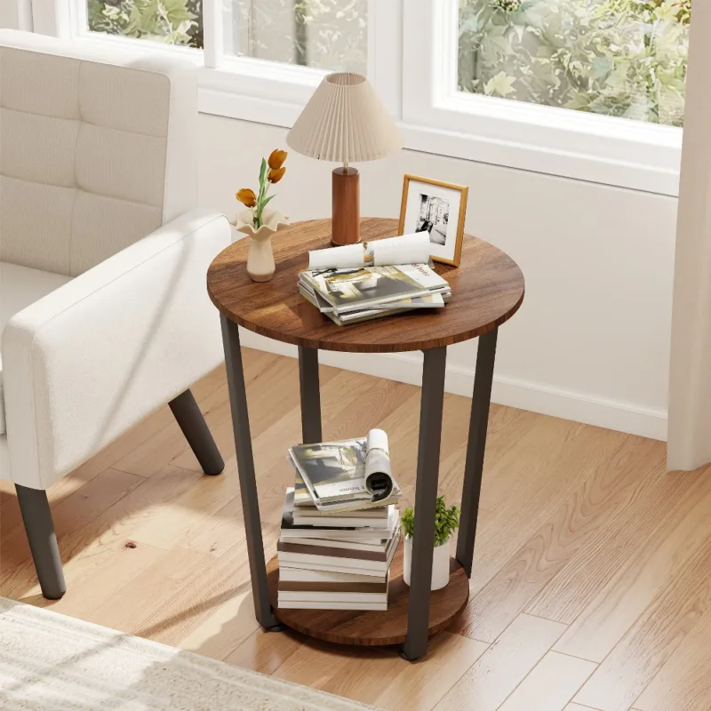 胡桃木场景1 (1) Skandiquip 17.7 Inch Diameter Round 2-Tier Accent Side Table Industrial End Table with Storage Shelf Wooden Top for Living Room Bedroom