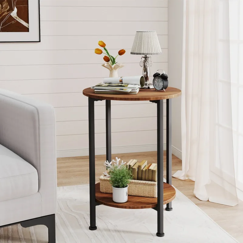 胡桃木场景1 (1) Skandiquip 17.7 Inch Diameter Compact Round 2-Tier Accent Side Table Industrial End Table with Storage Shelf Wooden Top for Living Room Bedroom