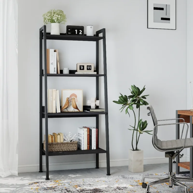 Skandiquip 4-Tier Leaning Ladder Shelf,  Wood and Metal Multifunctional Display Storage Rack for Living Room Bedroom