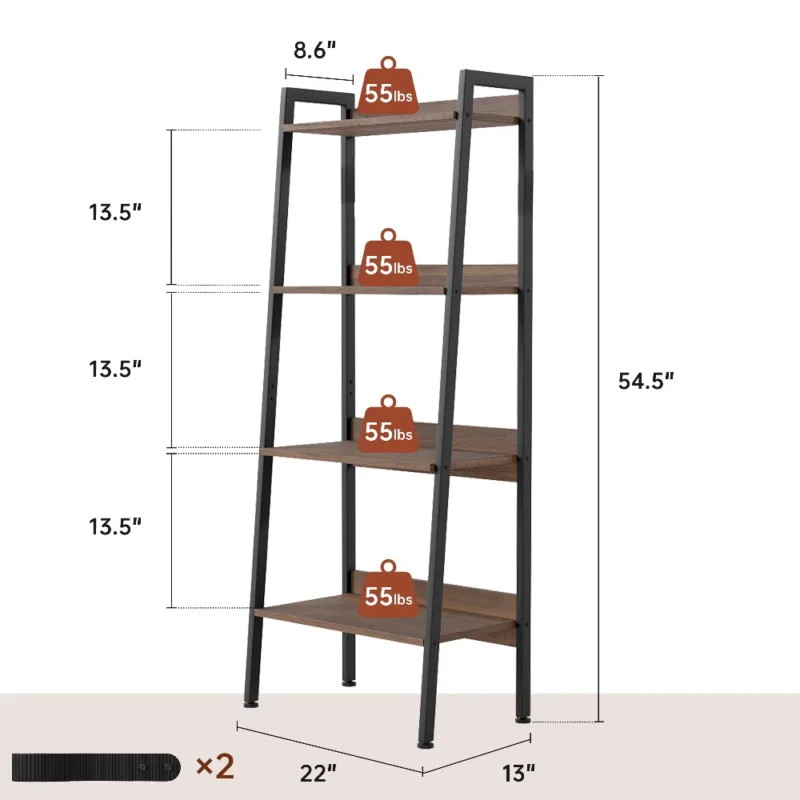 Skandiquip 4-Tier Leaning Ladder Shelf,  Wood and Metal Multifunctional Display Storage Rack for Living Room Bedroom