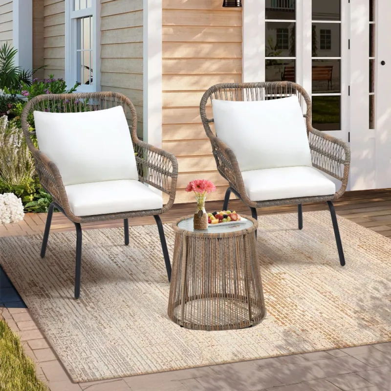 Skandiquip 3 Piece Rattan Bistro Set, All Weather Small Space Outdoor Patio Furniture with Tempered Glass Top Table & 2 Wicker Chairs for Balcony, Garden, Backyard