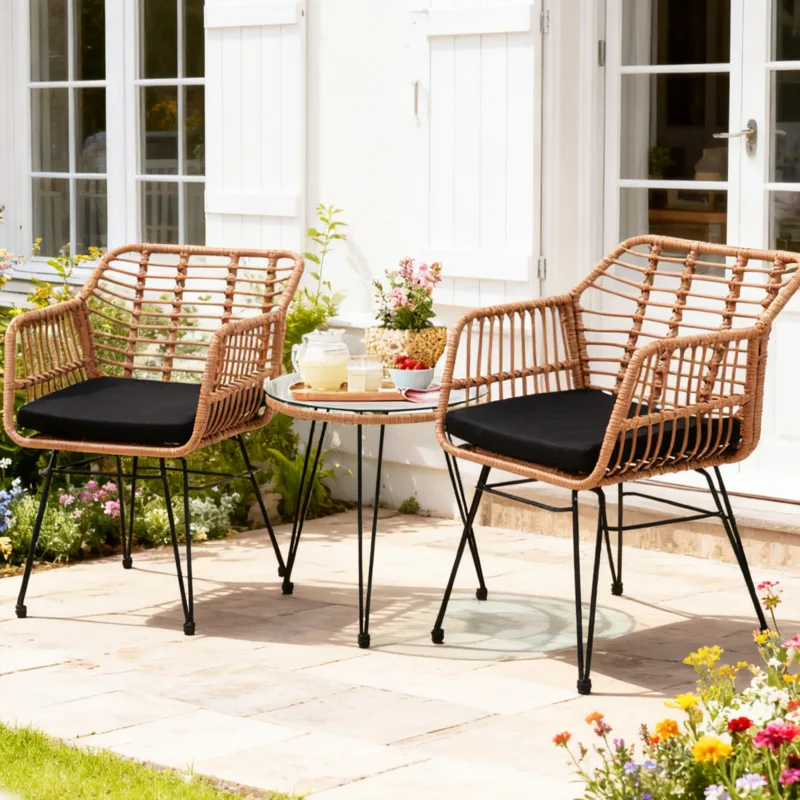 自然色1 Skandiquip 3-Piece All Weather Wicker Bistro Set, Rattan Chairs with Table, 2 Waterproof Removable Cushions for Garden Poolside