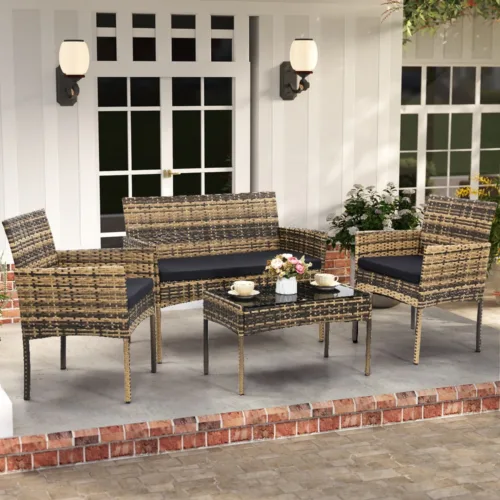 自然色2 (1) Skandiquip 4 Piece Outdoor Patio Furniture Set, All-Weather Wicker Conversation Set with Loveseat, 2 Chairs & Extra Long Coffee Table, Boho Rattan Bistro Set for Garden, Balcony, Porch