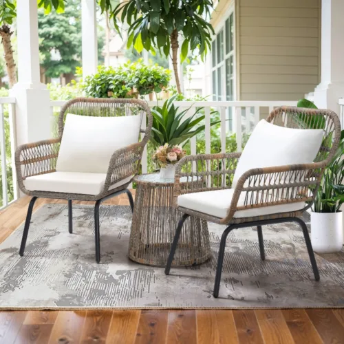 Skandiquip 3 Piece Rattan Bistro Set, All Weather Small Space Outdoor Patio Furniture with Tempered Glass Top Table & 2 Wicker Chairs for Balcony, Garden, Backyard