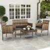 自然色3 (1) Skandiquip 4 Piece Outdoor Patio Furniture Set, All-Weather Wicker Conversation Set with Loveseat, 2 Chairs & Extra Long Coffee Table, Boho Rattan Bistro Set for Garden, Balcony, Porch