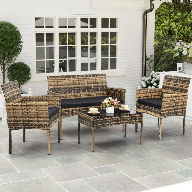自然色3 (1) Skandiquip 4 Piece Outdoor Patio Furniture Set, All-Weather Wicker Conversation Set with Loveseat, 2 Chairs & Extra Long Coffee Table, Boho Rattan Bistro Set for Garden, Balcony, Porch