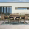 自然色4 (1) Skandiquip 4 Piece Outdoor Patio Furniture Set, All-Weather Wicker Conversation Set with Loveseat, 2 Chairs & Extra Long Coffee Table, Boho Rattan Bistro Set for Garden, Balcony, Porch