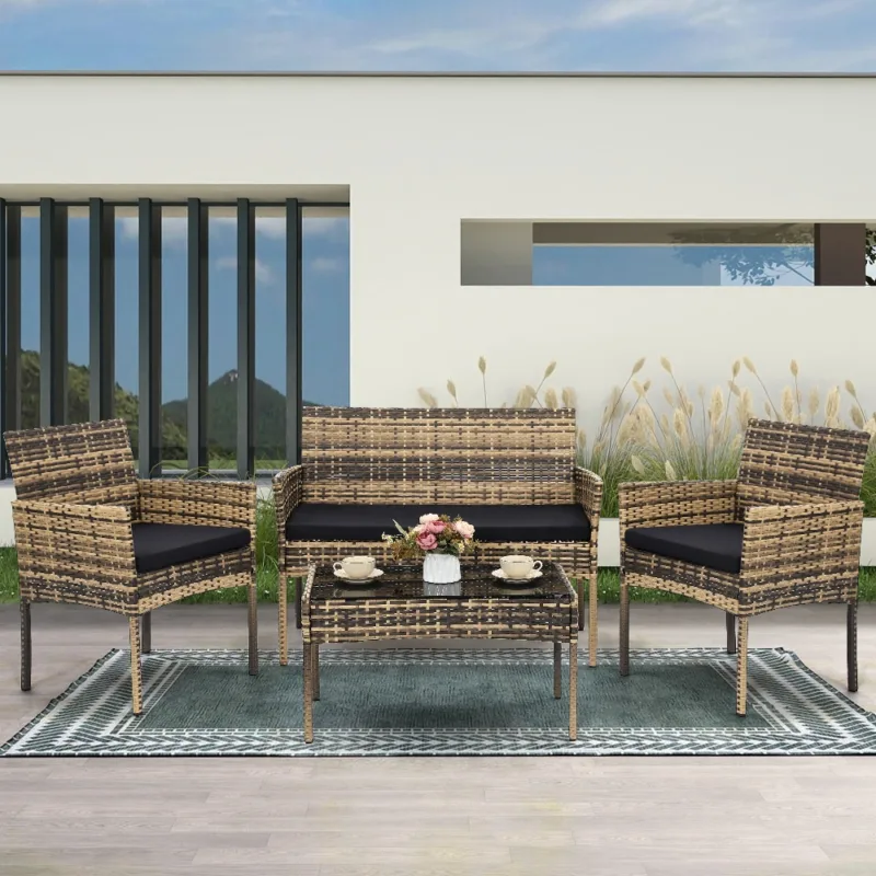 自然色4 (1) Skandiquip 4 Piece Outdoor Patio Furniture Set, All-Weather Wicker Conversation Set with Loveseat, 2 Chairs & Extra Long Coffee Table, Boho Rattan Bistro Set for Garden, Balcony, Porch