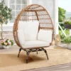 自然藤米坐垫 (1) Skandiquip 360-Degree Swivel Oversized Egg Chair, Rattan Wicker Patio Chair with Soft Washable Black Plush Cushion, Multipurpose Indoor Outdoor Relaxation Chair