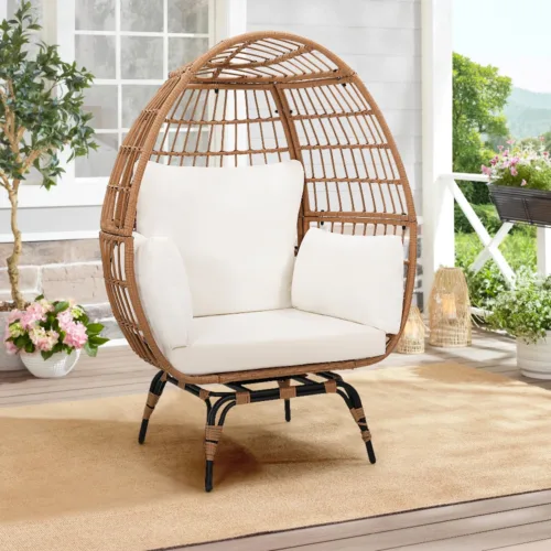 Skandiquip 360-Degree Swivel Oversized Egg Chair, Rattan Wicker Patio Chair with Soft Washable Black Plush Cushion, Multipurpose Indoor Outdoor Relaxation Chair