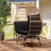 自然藤黑坐垫 (1) Skandiquip 360-Degree Swivel Oversized Egg Chair, Rattan Wicker Patio Chair with Soft Washable Black Plush Cushion, Multipurpose Indoor Outdoor Relaxation Chair