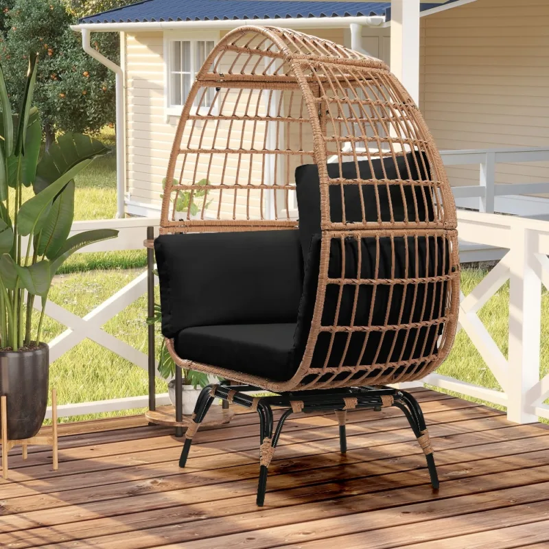 自然藤黑坐垫 (1) Skandiquip 360-Degree Swivel Oversized Egg Chair, Rattan Wicker Patio Chair with Soft Washable Black Plush Cushion, Multipurpose Indoor Outdoor Relaxation Chair