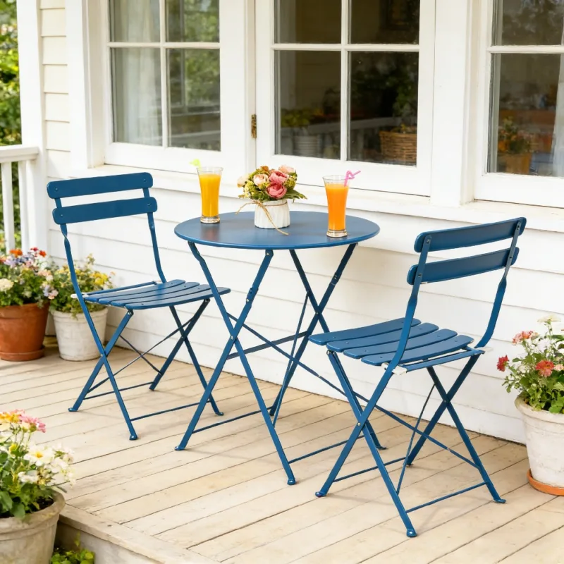 蓝色1 (1) Skandiquip 3-Piece Metal Outdoor Folding Bistro Set, Foldable Table & 2 Chairs, Space-Saving Patio Dining Furniture for Balcony, Garden & Yard
