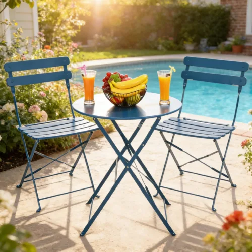 Skandiquip 3-Piece Metal Outdoor Folding Bistro Set, Foldable Table & 2 Chairs, Space-Saving Patio Dining Furniture for Balcony, Garden & Yard