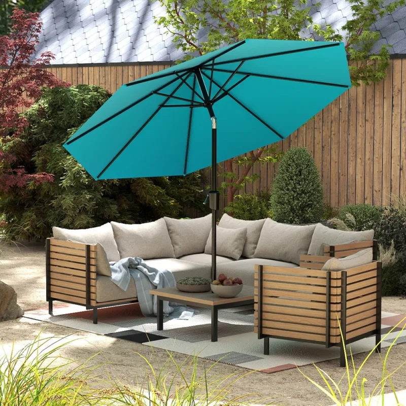 蓝色场景 (1) Skandiquip 10FT Outdoor Patio Market Umbrella, Push Button Tilt & Crank Lift, 8 Sturdy Ribs, UV Protected, Waterproof, Garden Yard Pool Use, Beige