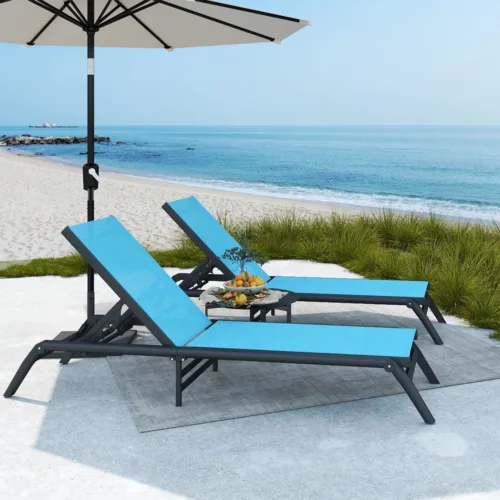 蓝色场景1 (1) Skandiquip Set of 2 Portable Aluminum Chaise Lounge Chairs, 5 Adjustable Reclining Positions, No Assembly Outdoor Recliner for Pool Patio Beach